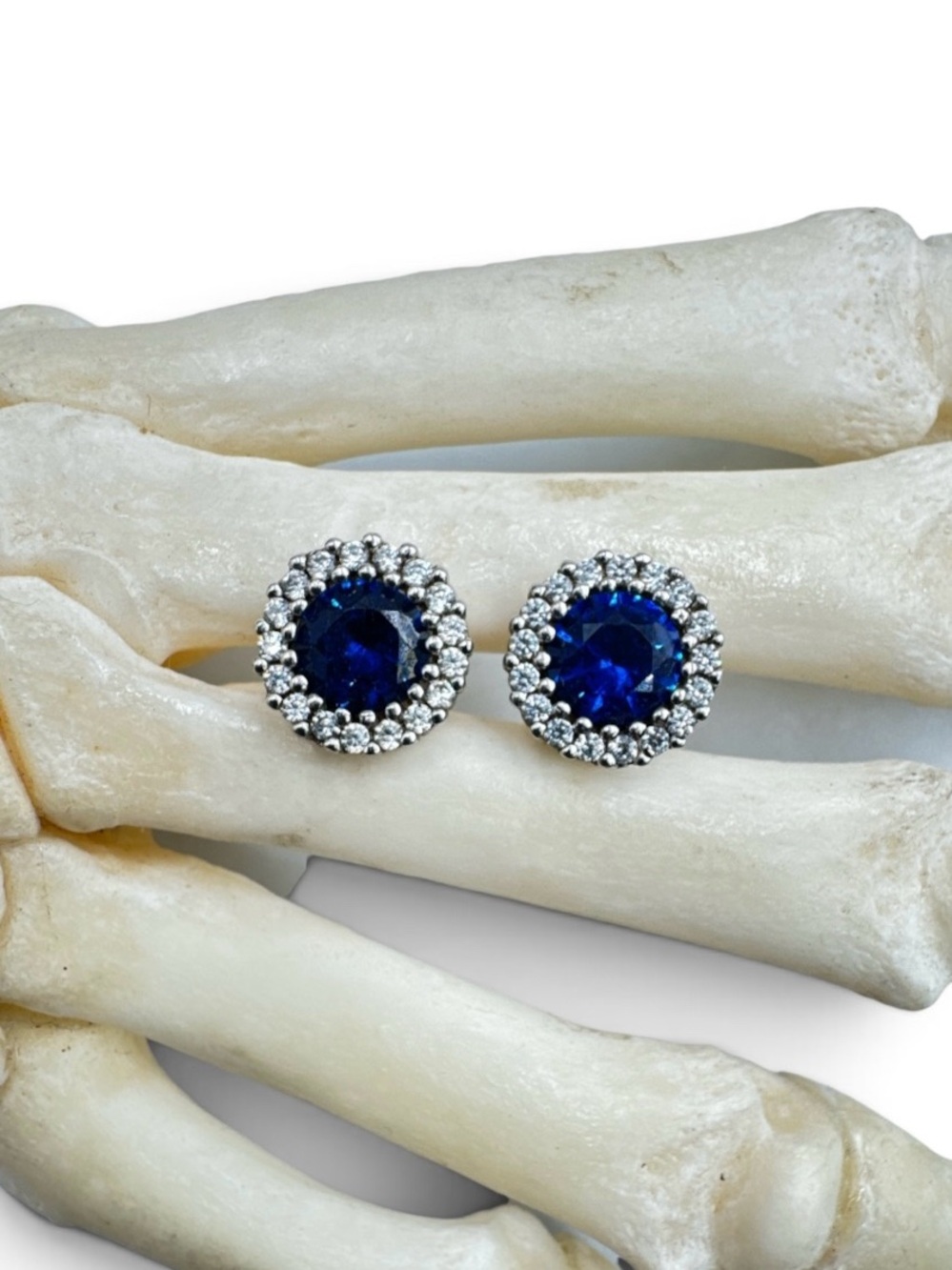 Vintage Y2K Sterling Silver Blue Iolite CZ Halo Cluster Post Earrings